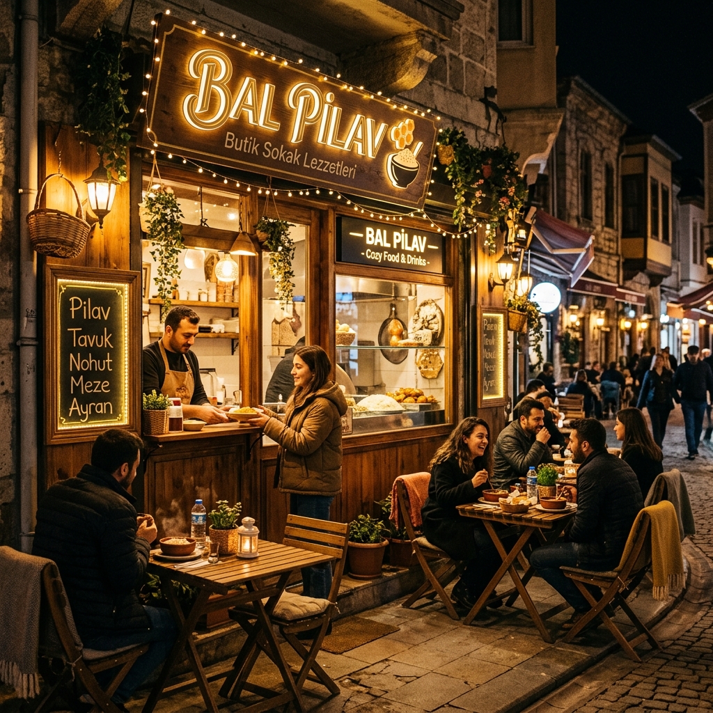 Gece Işıklarında Bal Pilav Karesi Dükkan Önü